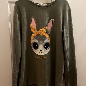 Girls H&M Long Sleeve Bunny Shirt in Sage Green Size 8-10y